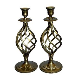 Vintage Brass Heavy 11" Pair Spiral Twist Cyclone Style Victorian Candle Holder